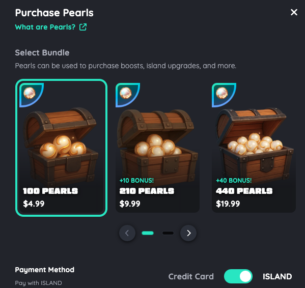 Nifty Island just introduced Pearls! A new in-game currency you can buy with $Island or a credit card.

Pearls offer unique in-game perks and act as a sink for $Island. 

This is just one new thing the team delivered this week. LFI!!! 🌴
