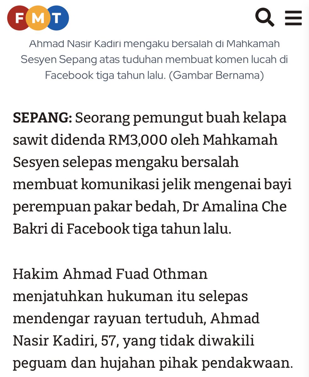 SyedAkramin's tweet photo. Seorang lelaki didenda RM3k sebab beri komen lucah terhadap bayi Dr Amalina di Facebook.

Lelaki tersebut minta hukuman ringan sebab tak berkemampuan.
- Umur 57 tahun
- Kerja pungut sawit

Begitulah pahlawan di Facebook. Bila menulis komen tak pernah guna otak. https://t.co/B1IvONjgBD