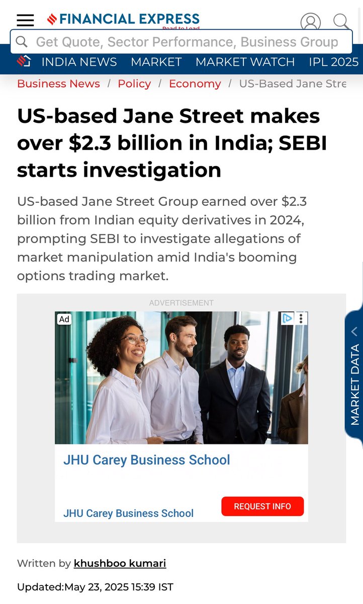kshaughnessy2's tweet photo. Jane Street Is Being Investigated for Market Manipulation in India. 
- Financial Express  

"Market regulator Securities and Exchange Board of India (SEBI) is probing Jane Street Group LLC after it generated more than $2.3 billion in net revenue from Indian equity derivatives in 2024. 

The firm has been accused of market manipulation...

 The New York-based trading giant earned over 10% of its record $20.5 billion global trading revenue from India alone, reports Bloomberg...."