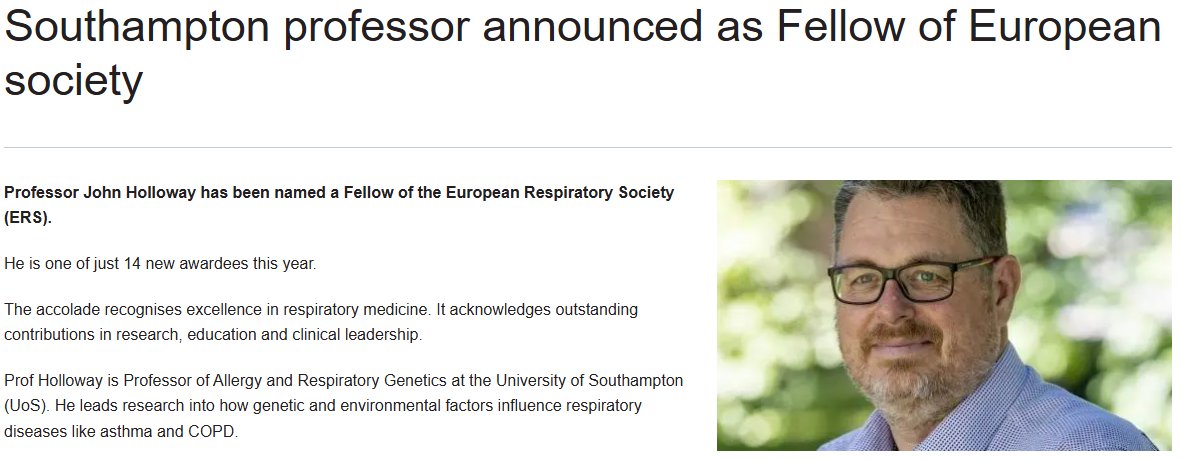 We couldn't be prouder. Our Prof John Holloway has been named a Fellow of the European Respiratory Society!
If you have #allergy questions and want to learn more check out our online course <a href="/UoS_Medicine/">Southampton Medicine</a> <a href="/UniSouthampton/">University of Southampton</a> here tiny.cc/allergy. We would love you to join us.