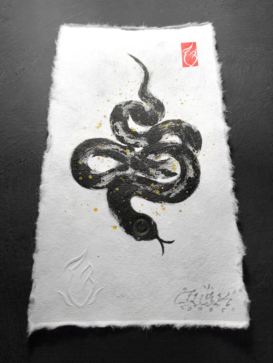 tusksix's tweet photo. "มะเส็ง (year of the snake)" Ink on thai paper 2025. #Snake #tusk https://t.co/jtuMsL14FY