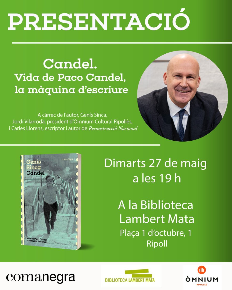 Genís Sinca ens presenta la biografia "Candel", la vida de Paco Candel, la màquina d'escriure 

Una vida que encara ens serveix com a model de compromís i com a guia per interpretar el nostre temps. 

📆 Dimarts 27 de maig 
🕰 A les 7 de la tarda
📍 Biblioteca Lambert Mata
