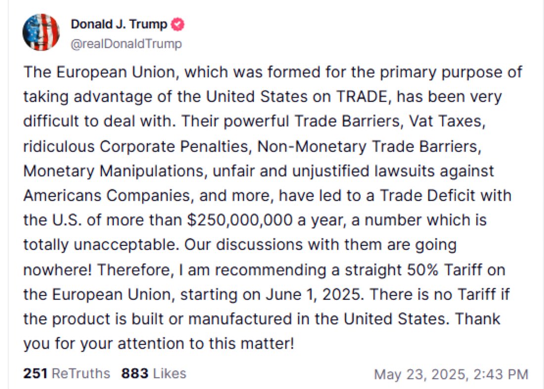 🇺🇸🇪🇺 | URGENTE: Trump: "La Unión Europea, creada con el objetivo principal de aprovecharse de Estados Unidos en el comercio, ha sido muy difícil de gestionar. Sus poderosas barreras comerciales, el IVA, las ridículas sanciones corporativas, las barreras comerciales no monetarias,