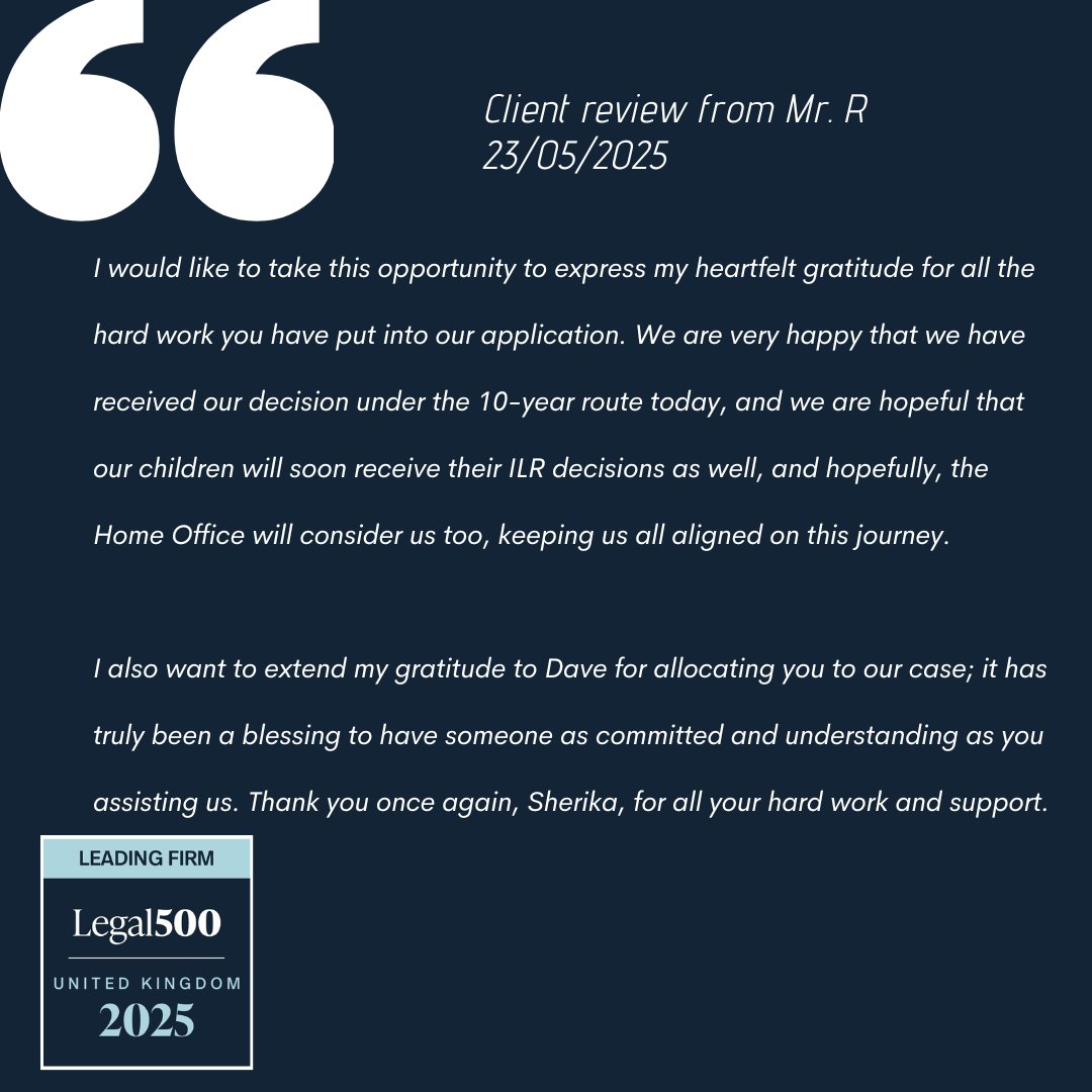 Thrilled to share another positive outcome! 

Our legal team’s commitment helped this family secure their decision under the 10-year route. We’re honoured to be part of their journey toward stability.  

For immigration advice, visit: gulbenkian.co.uk