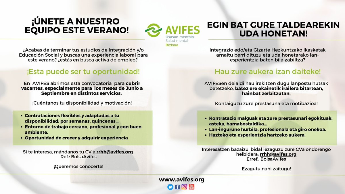 AVIFES (@avifes) on Twitter photo Estás terminando Integración o Educación Social? Buscas una experiencia laboral enriquecedora los meses de junio a septiembre? En #AVIFES te ofrecemos contrataciones flexibles, un ambiente profesional y cercano, y la oportunidad de crecer y adquirir experiencia.📩rrhh@avifes.org Estás terminando Integración o Educación Social? Buscas una experiencia laboral enriquecedora los meses de junio a septiembre? En #AVIFES te ofrecemos contrataciones flexibles, un ambiente profesional y cercano, y la oportunidad de crecer y adquirir experiencia.📩rrhh@avifes.org