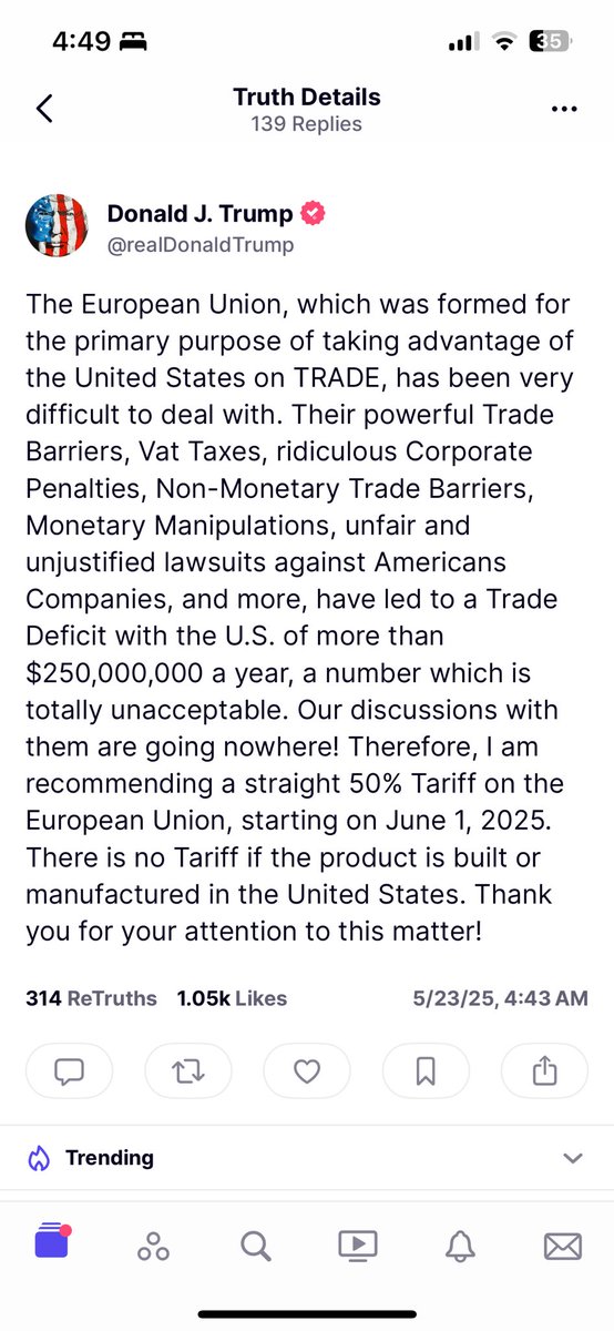 I think this is Tariff man came  to the market just on time to sacrifice equity market to save the bond market.  

50%tariff on EU ; 25% on $AAPL