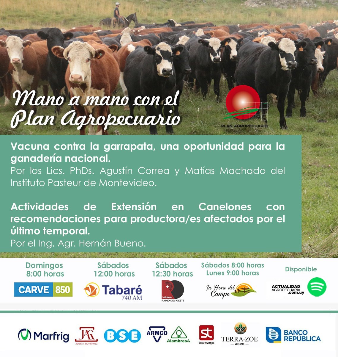 Plan Agropecuario (@planagro) on Twitter photo 📻 Mano a Mano con el Plan
En el próximo programa👇
✔️Vacuna contra #Garrapata, ganadería nacional
🎙️Lics. PhDs. Agustín Correa y Matías Machado <a href="/IPMontevideo/">Institut Pasteur Montevideo</a>
✔️Actividades de #extensión
📍Canelones #recomendaciones #productores #temporal
🎙️<a href="/HernanBuenoL/">Hernán Bueno Larroque</a>
¡Te esperamos! 📻 Mano a Mano con el Plan
En el próximo programa👇
✔️Vacuna contra #Garrapata, ganadería nacional
🎙️Lics. PhDs. Agustín Correa y Matías Machado <a href="/IPMontevideo/">Institut Pasteur Montevideo</a>
✔️Actividades de #extensión
📍Canelones #recomendaciones #productores #temporal
🎙️<a href="/HernanBuenoL/">Hernán Bueno Larroque</a>
¡Te esperamos!