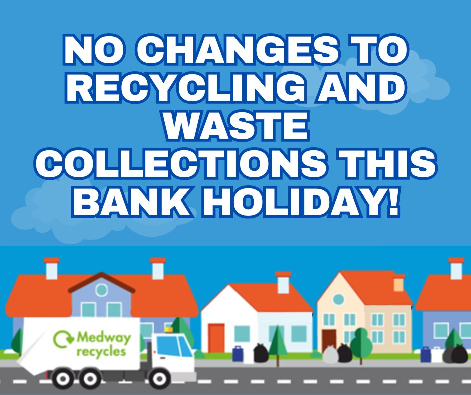 There are no changes to any recycling or waste collections this bank holiday (Monday 26 May).
Please present your recycling, brown bins and black sacks by 7am on your regular collection day.
#MedwayRecycles ♻