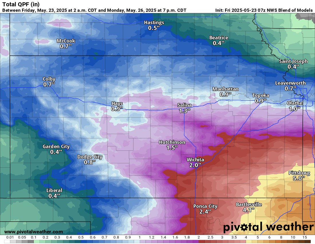 Ensemble data is looking relatively consistent and robust when it comes to rainfall potential through Monday evening. I'm not quite sure I'd buy into the 2" and 2"+ amounts yet... we've seen this yanked away before. By far the heaviest will be SE &amp; the lightest will be SW. #KSwx