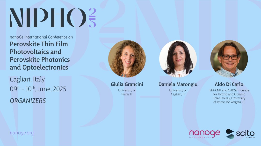 nanoGeConferences (@nanoge_conf) on Twitter photo 🔷Be part of the conversation on the future of hybrid perovskite solar cells at #NIPHO25 <a href="/nanoGe_Conf/">nanoGeConferences</a>!
👉Explore cutting-edge advances from materials and interfaces to stability, theory, and device engineering
📍Cagliari, Italy
🗓️9th-10th June 2025
➡️nanoge.org/NIPHO25/home 🔷Be part of the conversation on the future of hybrid perovskite solar cells at #NIPHO25 <a href="/nanoGe_Conf/">nanoGeConferences</a>!
👉Explore cutting-edge advances from materials and interfaces to stability, theory, and device engineering
📍Cagliari, Italy
🗓️9th-10th June 2025
➡️nanoge.org/NIPHO25/home