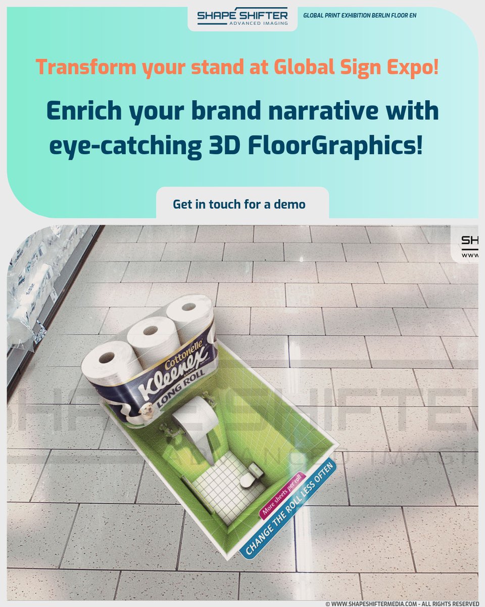 shapeshiftergfx's tweet image. ssm.li Transform your stand at Global Sign Expo! Enrich your brand narrative with eye-catching 3D FloorGraphics! #FESPA #FESPA2025 #waterbasedinks #maintenancetips #sublimationjersey #textiles @printmediacentr @fespa @__spw @myhometheory