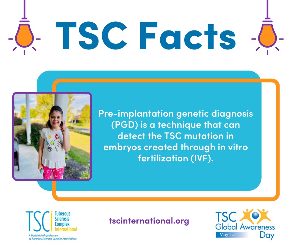 ⭐Day 23 of TSC Awareness Month! ⭐

Pre-implantation genetic diagnosis (PGD) is a technique that can detect the TSC mutation in embryos created through in vitro fertilization (IVF).

Learn more about TSC Global Awareness initiatives at tscglobalday.org.