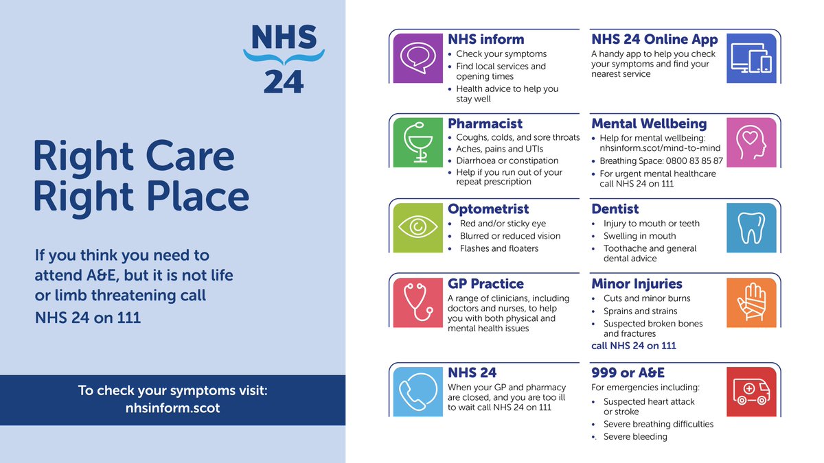 By using NHS resources wisely this weekend, we can stay well and get the care we need quickly, safely, and as close to home as possible. Please share and save this post to keep it handy. #RightCareRightPlace.

nhsinform.scot/right-care