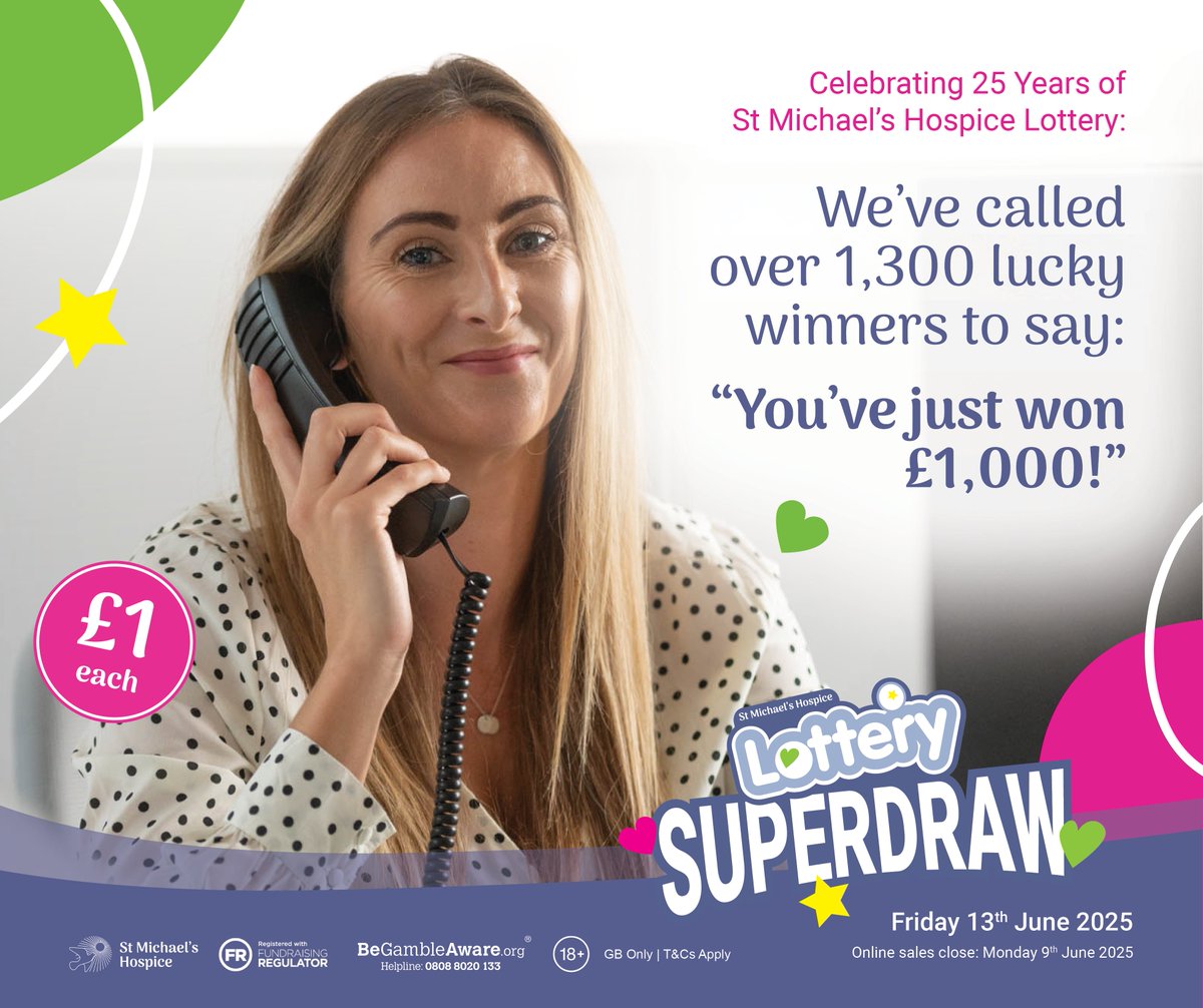 🎉 25 YEARS. 1,300 WINNERS. £1.3 MILLION in prizes! 🎉

The St Michael’s Hospice Lottery has been changing lives for a quarter of a century – and now we’re celebrating in style! 💙🕊️

Could you be our next big winner?: bit.ly/SMH_Lottery

18+ | T&amp;C's Apply | #begambleaware