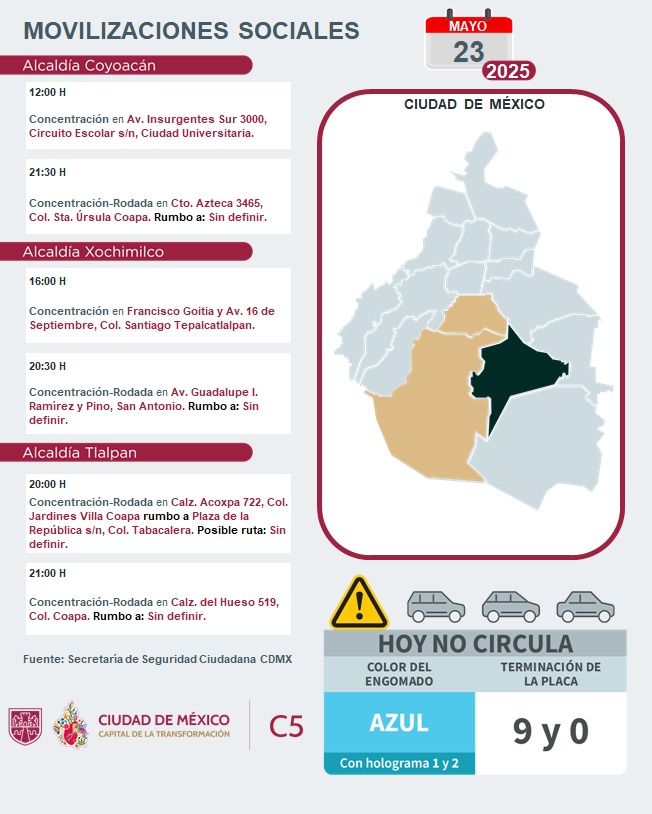 ⚠🗓 #ENTÉRATE | Para hoy, 23 de mayo 2025, estas son las movilizaciones sociales previstas en la Ciudad de México. 

#C5ConConfianza #MovilidadCDMX #C5OjosDeLaCDMX 👀 #C5CorazónDeLaCDMX