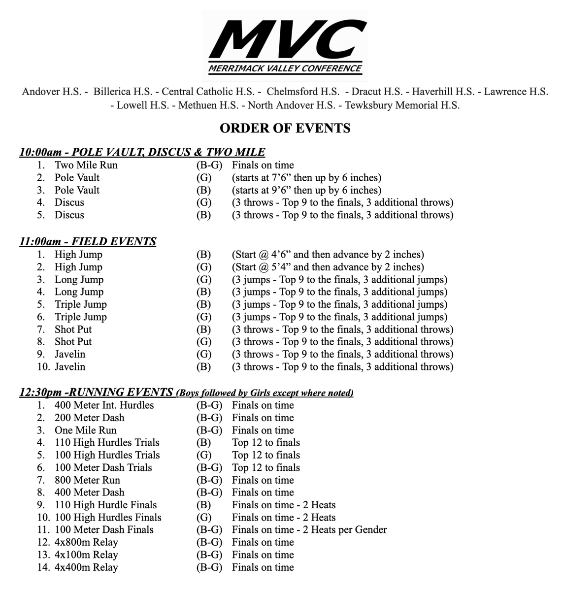 MVC Outdoor Track Championship

Saturday, May 24, 2025 - Andover High School

10am - Girls PV &amp; Discus, 2 Mile (Boys first)
11am - Remaining Field Events
12:30pm - Running Events (Boys before Girls)

Tickets - $8 General Admission gofan.co/event/3597305?…

<a href="/BostonHeraldHS/">Danny Ventura</a>