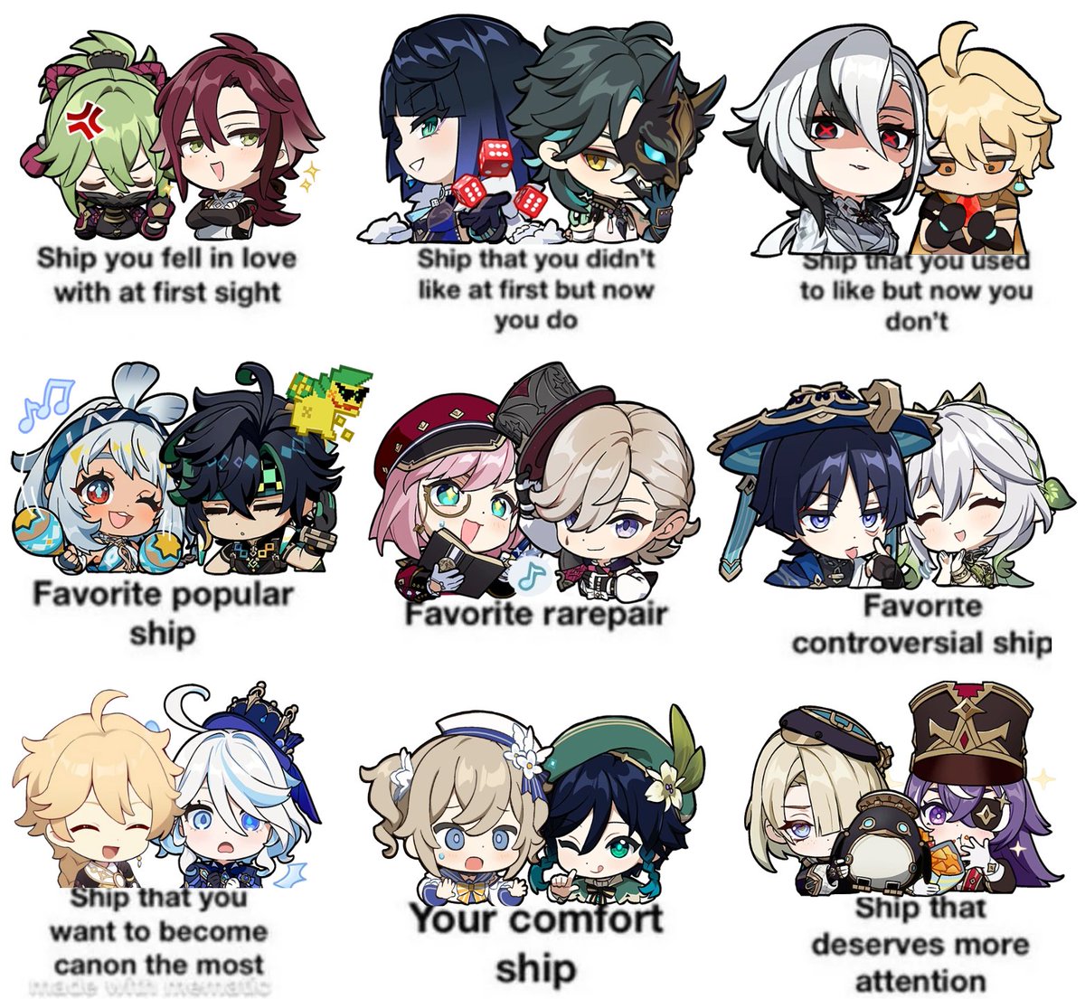 Shurinaii's tweet image. I'm either going to lose or gai- Nah, I'm definitely going to lose some followers over this.
Here's some of my ships. This ain't all of em, but a good representation of em.
#GenshinImpact #Heishino #Xiaolan #Kinilani #Charlyney #Scarahida #Aerina #Venbara #Chevminet