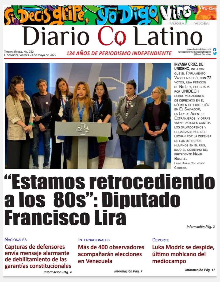 DiarioCoLatino's tweet photo. #DiarioCoLatino | "Estamos retrocediendo a los años 80s": Diputado Francisco Lira 

¡Buenos días!, compartimos nuestra portada de hoy, 23 de mayo de 2025. 

Visita nuestra versión epaper o nuestra página web: https://t.co/GayDruckW9 https://t.co/mtV7FbiuF0