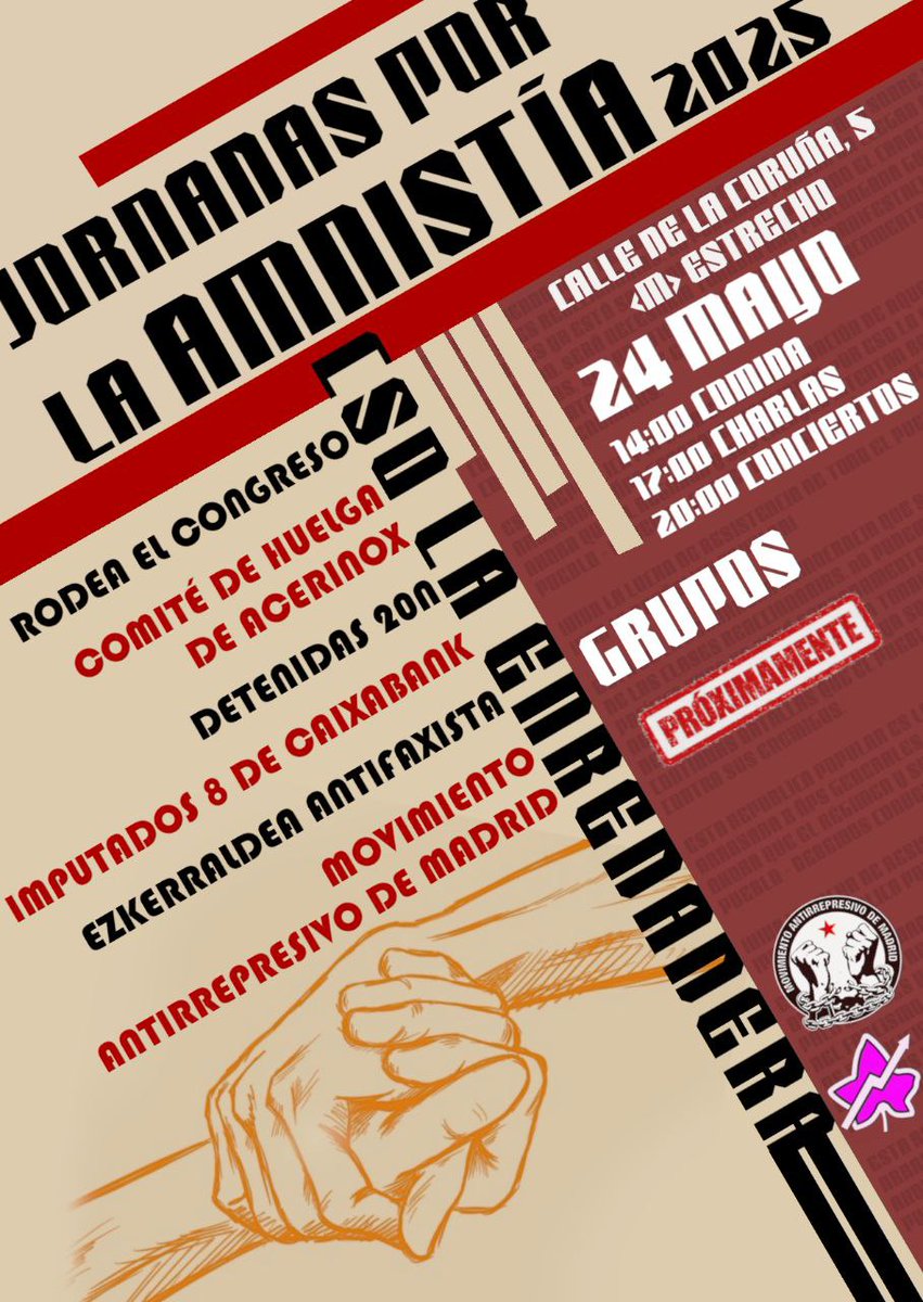 AntirrepreMad's tweet image. Os recordamos que mañana tenemos una cita importante: ¡Las XIII jornadas por la amnistía!

Un espacio de debate y solidaridad donde compartir luchas y estrechar lazos.

¡Os esperamos!

🗓24/5
📌CSO La Enredadera