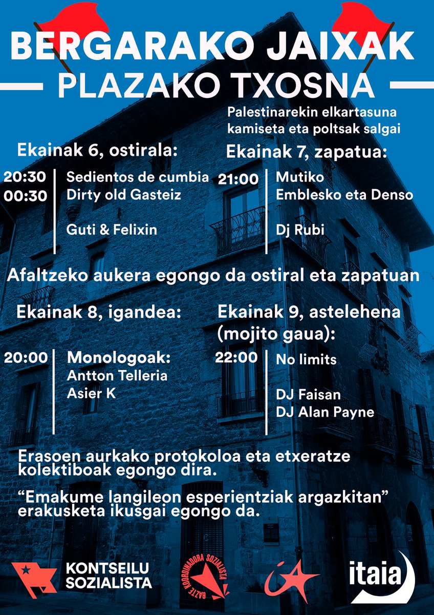 Aurten be aileatziar dare Bergarako Pentekoste jaixak!
Hori dala ta, hemen aurkezten dotzuegu plazako txosnako egitaraua.
Animatu bertaratzera eta turnotan parte hartzera!