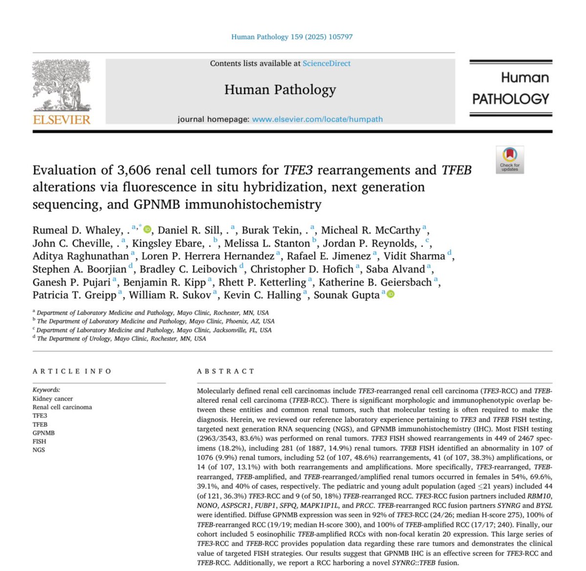 Rumeal D. Whaley, MD (@rdwhaleymd) on Twitter photo Read our latest #research in <a href="/Human_Pathology/">Human Pathology</a>
Evaluation of 3,606 renal cell tumors for TFE3 rearrangements and TFEB alterations via FISH, NGS, and GPNMB IHC
Free access until July 12, 2025.
kwnsfk27.r.eu-west-1.awstrack.me/L0/https:%2F%2…
#GUPath Read our latest #research in <a href="/Human_Pathology/">Human Pathology</a>
Evaluation of 3,606 renal cell tumors for TFE3 rearrangements and TFEB alterations via FISH, NGS, and GPNMB IHC
Free access until July 12, 2025.
kwnsfk27.r.eu-west-1.awstrack.me/L0/https:%2F%2…
#GUPath