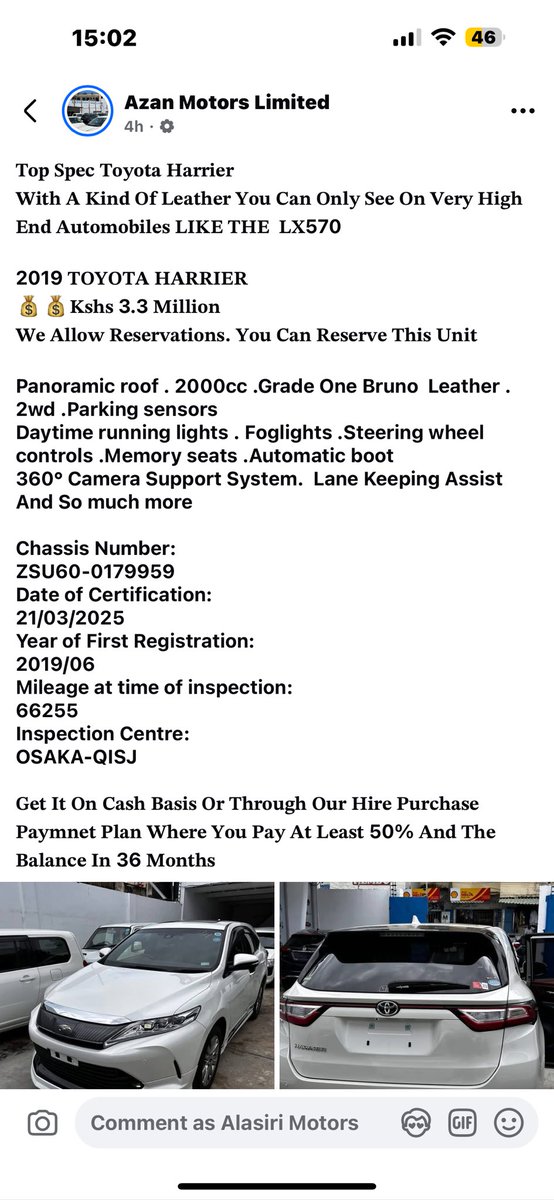 Be aware of this con man calling himself Azan motors limited.
This harrier was listed by us 4,200,000 yet he is selling it at 3,300,000

The real Azan Motors is a showroom in makupa - Mombasa and not a broker conning people

Be weary of this guy on facebook