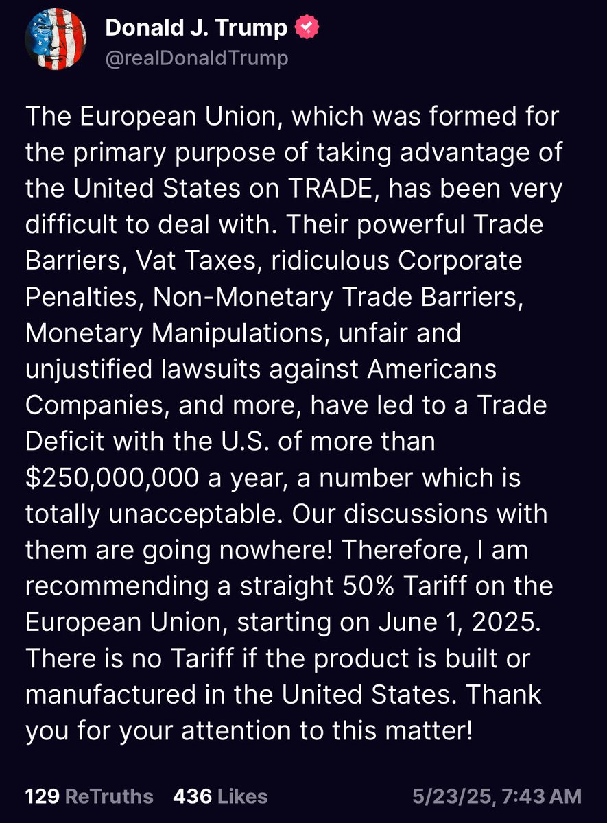 ErnestMoren's tweet photo. Presidente Trump sugiere un arancel de 50% a la Unión Europea ante la falta de avances en las conversaciones para alcanzar un nuevo acuerdo comercial.
@realDonaldTrump expone que las grandes barreras comerciales, VAT o IVA, barreras no monetarias, multas corporativas y otros hace injusto el comercio para EE.UU. cuyo déficit alcanza US$ 250 billlones.
Veremos cómo la Unión Europea se aproxima a una negociación que impida la pérdida de un socio comercial vital..