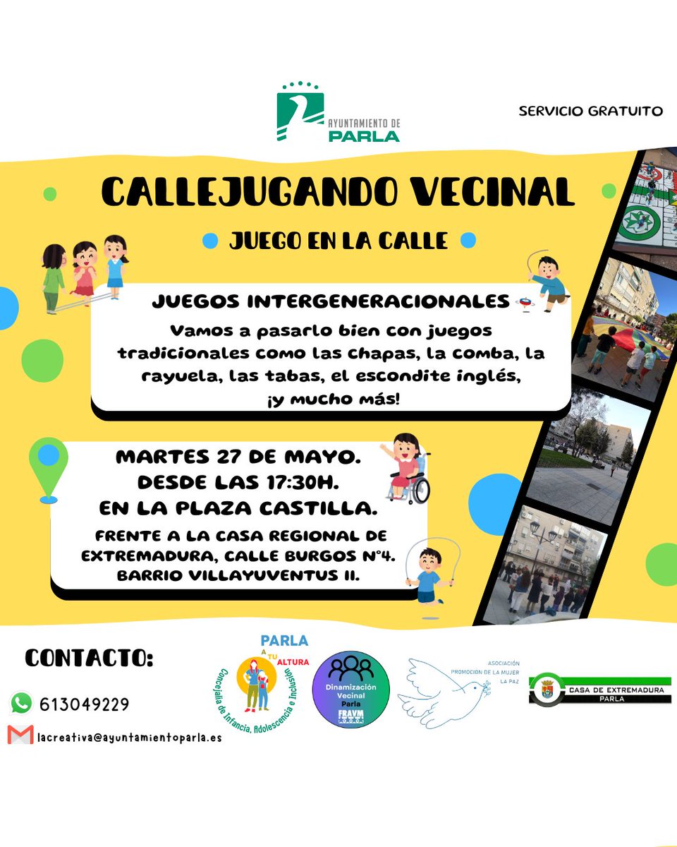 ¡Retomamos el Callejugando Vecinal Intergeneracional! 🛝👧🏽
En el parque de la Plaza Castilla el martes 27 de mayo a partir de las 17:30. ¡Ven a disfrutar de la tarde con nosotr@s jugando a juegos tradicionales! ☀️
<a href="/FRAVM/">Federación Vecinal de Madrid</a> <a href="/AytoParlaOrbita/">Infancia y Adolescencia en Órbita</a> <a href="/AytoParla/">Ayuntamiento de Parla</a>