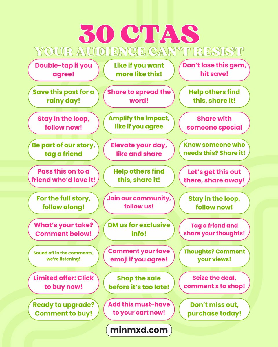 MinMxd's tweet photo. 💾SAVE this for later 💾
Here's 30 CTAs your audience can't resist!

Let us know if you've tried any of these or know of any more? 👇

#growthhacks #socialmediagrowth #socialmediamarketing #socialmediastrategy #Socialmedia #contentcreation #marketing #socialmediatools #ugc #CTA https://t.co/qnaSqmqA4M