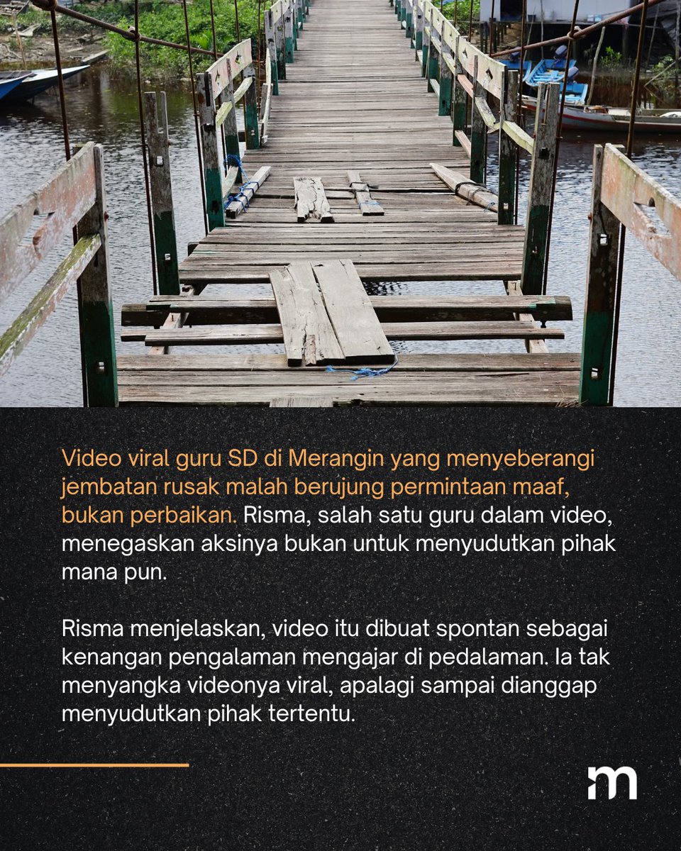 merdekadotcom's tweet photo. Masih Ingat Video Viral Guru SD Seberangi Jembatan Rusak?
Alih-alih mendapat respons perbaikan, para guru justru diminta menyampaikan permintaan maaf.
-
-
#Pendidikan #GuruPedalaman #JembatanRusak #Merangin #FaktaLapang #popartmdk #mdkan https://t.co/D6xbYik12D