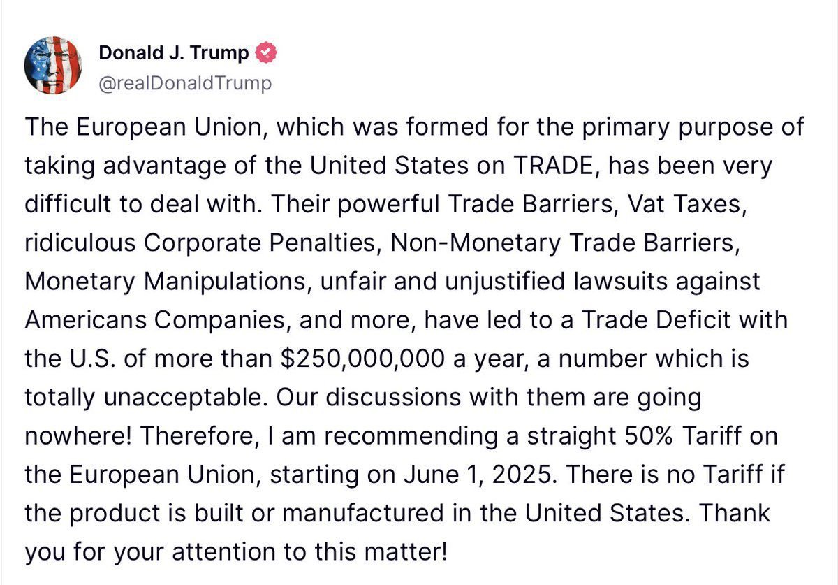 JUST IN: President Trump proposes a 50% tariff on the European Union starting June 1, 2025.

Here we go again!