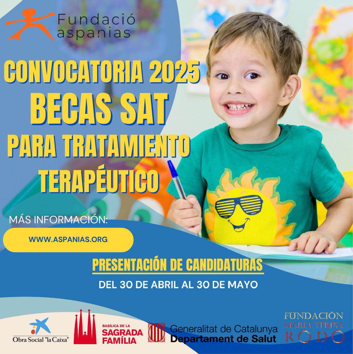 Aspanias's tweet photo. Convocatòria de beques SAT per a tractament terapèutic. 

 Pots presentar la documentació fins el 30 de maig.

Gràcies a la col·laboració de @FundlaCaixa , la Fundació Maria Teresa Rodó, el Departament de Salut de la @gencat  i el Fons d'Acció Social @sagradafamilia https://t.co/Or6Utjh37q