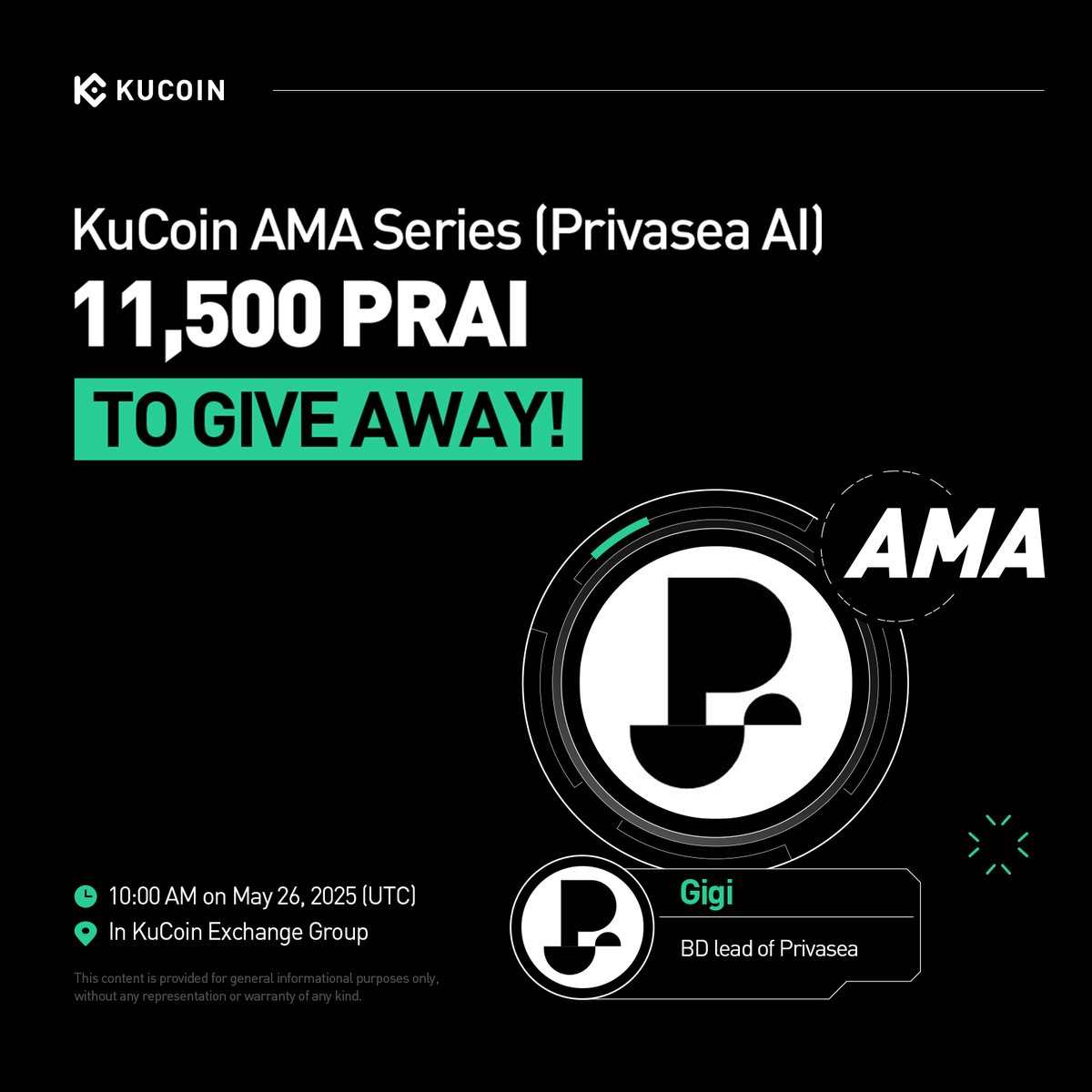 Join the #KuCoin AMA with @privasea_ai, 11,500 PRAI to Give Away!
 
⏰ Date: 10:00 AM on May 26, 2025 (UTC)
📍 AMA Venue: t.me/Kucoin_Exchange 
💰 Total Rewards: 11,500 PRAI
Fill out Gleam form 👉 gleam.io/QYA9m/privasea…   
 
Read More: t.me/Kucoin_News/30… 

#KuCoinAMA