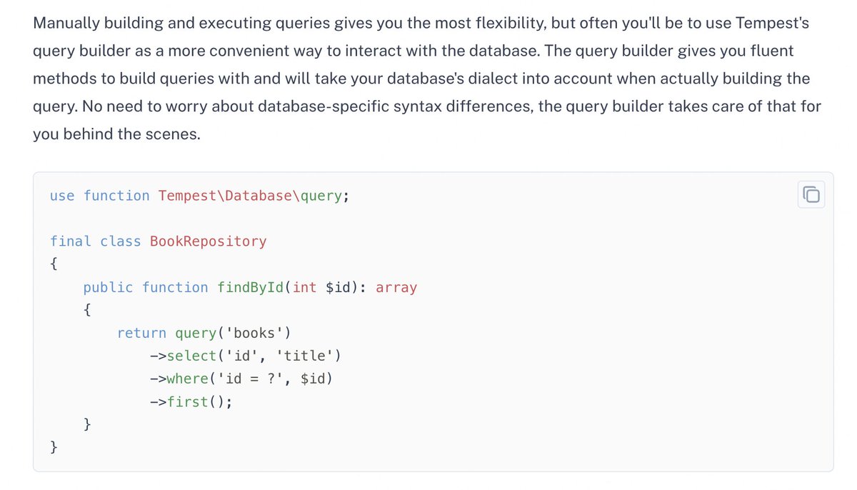 brendt_gd's tweet image. I've rewritten all the docs for Tempest's database component. Wow, it's pretty nice!
I think I'm starting to like our ORM, actually 🤔