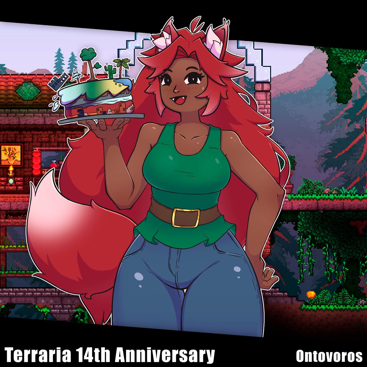 ontovoros's tweet photo. It seems I'm a bit late, but here's a drawing for the fourteenth anniversary of Terraria https://t.co/dm4ksHRoCM