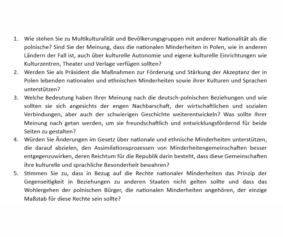 🇩🇪 Der VdG hat am 20. Mai 2025 ein Schreiben an Herr Karol Nawrocki und Herr Rafał Trzaskowski geschickt, das fünf Fragen zu Minderheitengemeinschaften enthält. 

ℹ️ Sobald wir die Antworten erhalten, werden wir sie auf unserer Internetseite veröffentlichen.