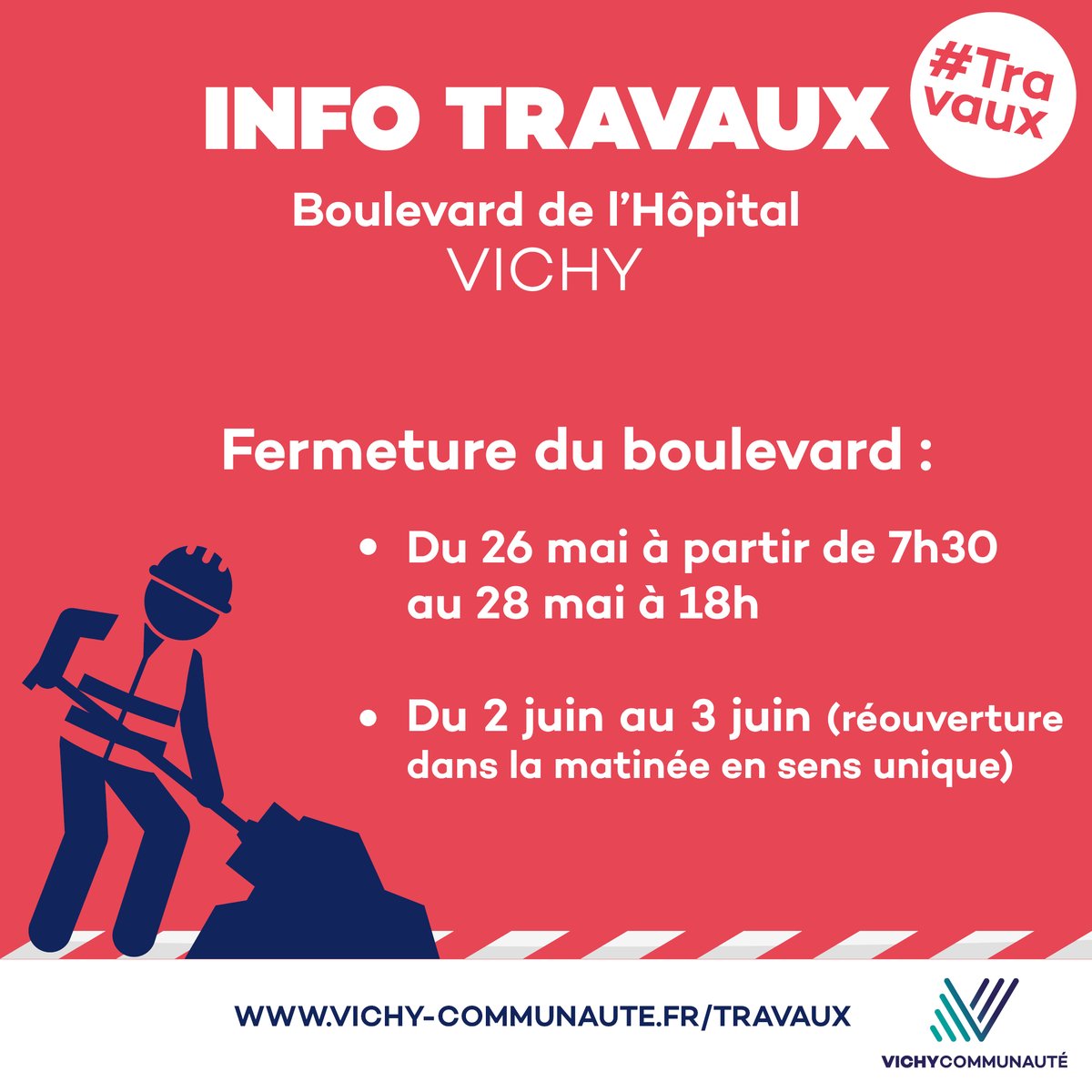 🚧 Les #travaux d'aménagement de la piste cyclable boulevard de l'Hôpital à Vichy se poursuivent ! 
👉 Fermeture complète de la circulation : du 26/05 à 7h30 au 28/05 à 18h, puis le 02/06. 
🚗 Déviation mise en place.