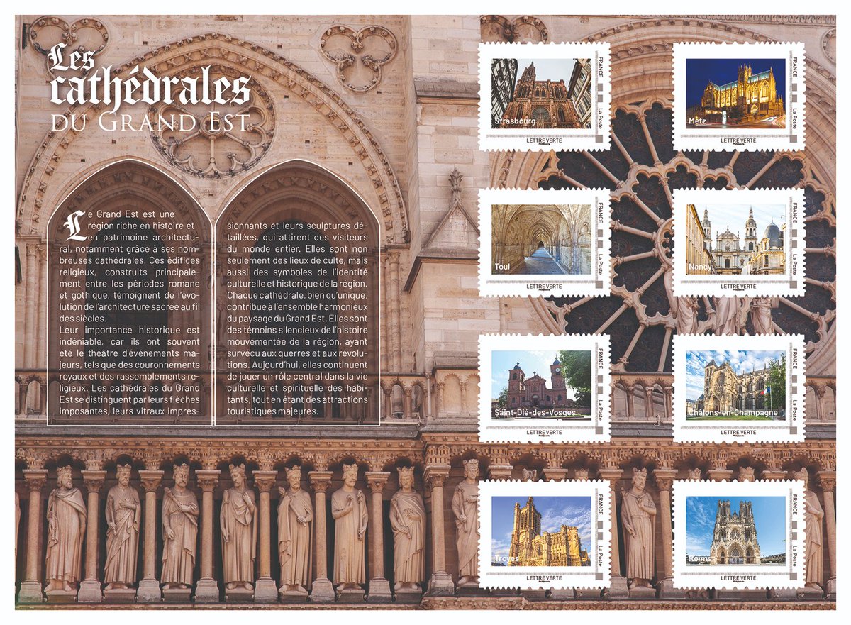 #GrandEst | Les cathédrales de Toul, Strasbourg, Reims, Metz, Nancy, Troyes, Châlons et Saint-Dié ont désormais leur #timbre 🤩
Que vous soyez passionnés de philatélie ou amoureux de notre patrimoine, retrouvez ces joyaux de l'architecture dans un collector prestigieux !