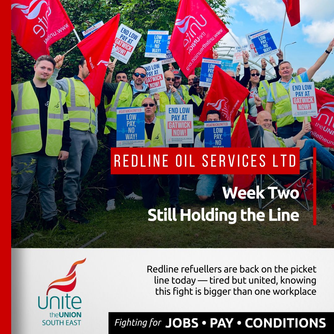 🚨 Week 2 of the Redline refuellers strike begins.

<a href="/unitetheunion/">Unite the union: join a union</a> members are back on the picket line at #Gatwick — still strong, still united, and still demanding a fair deal.

✊ Support them. Share their fight.

#RedlineStrike #GatwickRefuellers