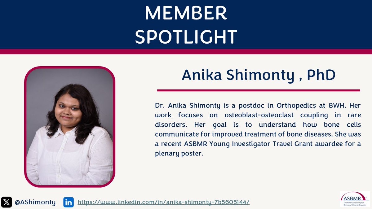 Lena Batoon, PhD (@lenabatoon) on Twitter photo ⭐️Continuing our <a href="/ASBMR/">ASBMR</a> member celebration, we spotlight Dr <a href="/AShimonty/">Anika Shimonty</a> at <a href="/BrighamWomens/">Brigham and Women's Hospital</a> - a previous Young Investigator Travel Grant awardee - who is advancing our understanding of bone cells' communication in rare skeletal disorders 👏 #ASBMR #memberspotlight #AAPI ⭐️Continuing our <a href="/ASBMR/">ASBMR</a> member celebration, we spotlight Dr <a href="/AShimonty/">Anika Shimonty</a> at <a href="/BrighamWomens/">Brigham and Women's Hospital</a> - a previous Young Investigator Travel Grant awardee - who is advancing our understanding of bone cells' communication in rare skeletal disorders 👏 #ASBMR #memberspotlight #AAPI