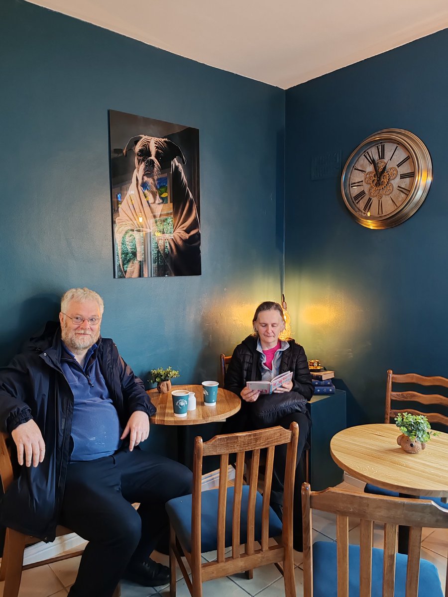 Enjoying a cuppa at Placebo in Ros Ard our new dog friendly café. Well worth a visit.