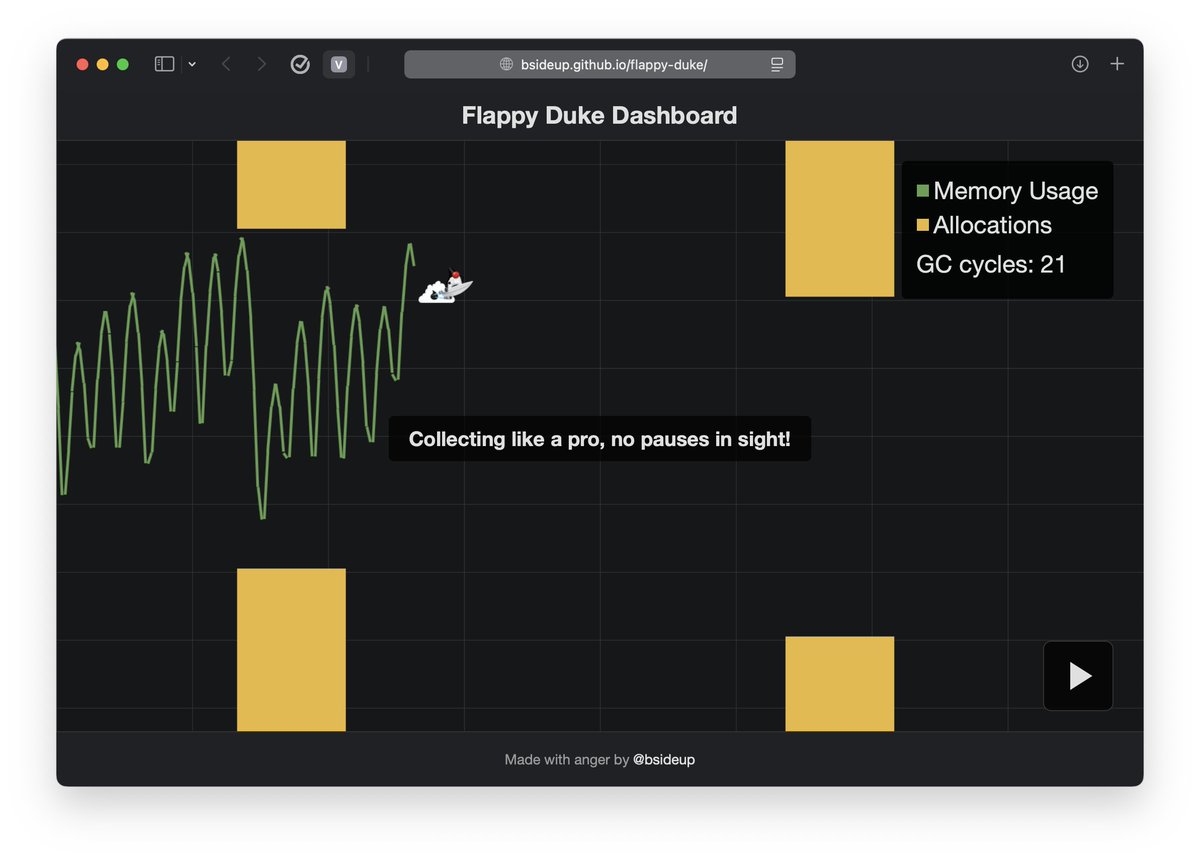 Okay, let's have some Friday fun! 🤪

Just tried your "vibe coding" thing.
Quite miserable experience for experienced devs, but hey, I got something for ya!

Meet Flappy Duke! Put yourself in Java GC's shoes 😂
(link in thread)

Go break your spacebars! 😜