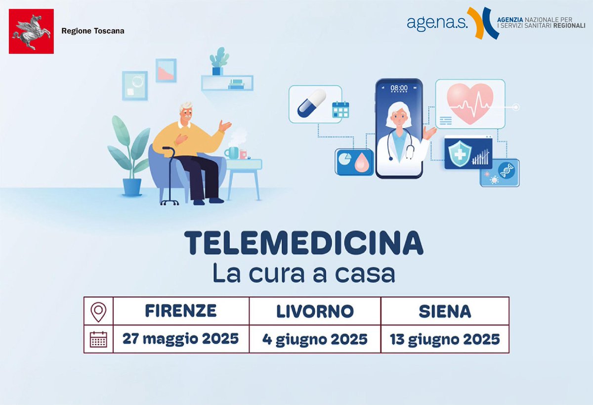 Regione Toscana organizza in collaborazione con <a href="/Agenas_Salute/">Agenas</a> tre giornate regionali sul tema della Telemedicina e sulle sue applicazioni nel campo delle cure domiciliari dei malati cronici per un #SSN sempre più vicino ai bisogni dei pazienti.

👉Info: regione.toscana.it/-/telemedicina