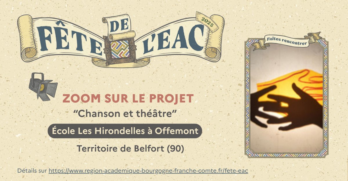 [Fête de l'#EAC]
🎥 Zoom sur un projet “Chanson et théâtre” réalisé dans le Territoire de Belfort. Les élèves ont rencontré une scénographe, écrit des chansons et créé des "cartons à dessins". Plus de détails sur …academique-bourgogne-franche-comte.fr/fete-eac