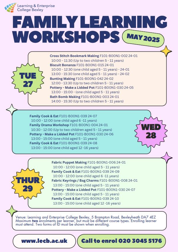 CCESchool's tweet image. LECB are running FREE family learning workshops during half term this May. Details are included in the attached leaflet. All sessions will take place at the Brampton Road site.
To enrol, parents would need to call their team on 020 3045 5176.
