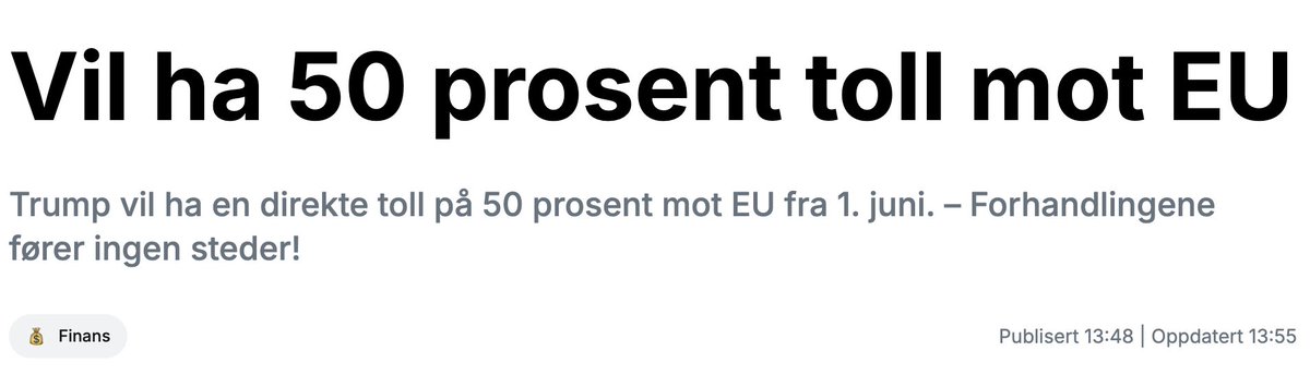 🚨 Trump vil ha 50 % toll mot EU fra 1. juni.
Markedet reagerer. Aksjer &amp; Bitcoin faller.
Er det kortsiktig eller langsiktig "støy"

📉 Frykt skaper muligheter.
De fleste løper. Andre  planlegger hvordan de skal posisjonere seg 🔥

#Tollkrig #Tarrif #Trump #Bitcoin #Finansavisen