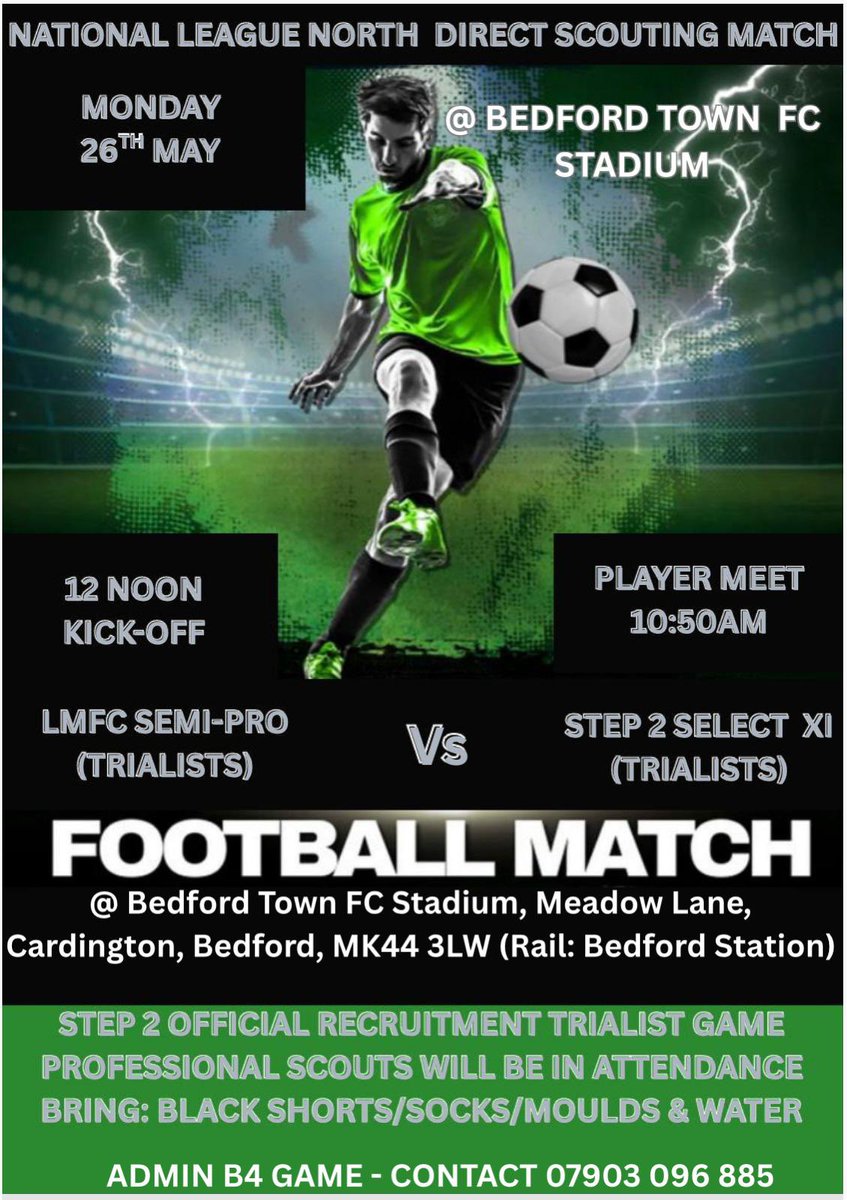 3 scouting &amp; recruitment opportunities this May exclusively for semi-pro &amp; Pro scouting, Sat May 24th 1pm, at Hertfordshire Sports Village, Bank Holiday Monday 26th 12 Noon at Bedford Town FC and Friday 30th May 7:45pm at Haringey Borough stadium, top players and scouts attending