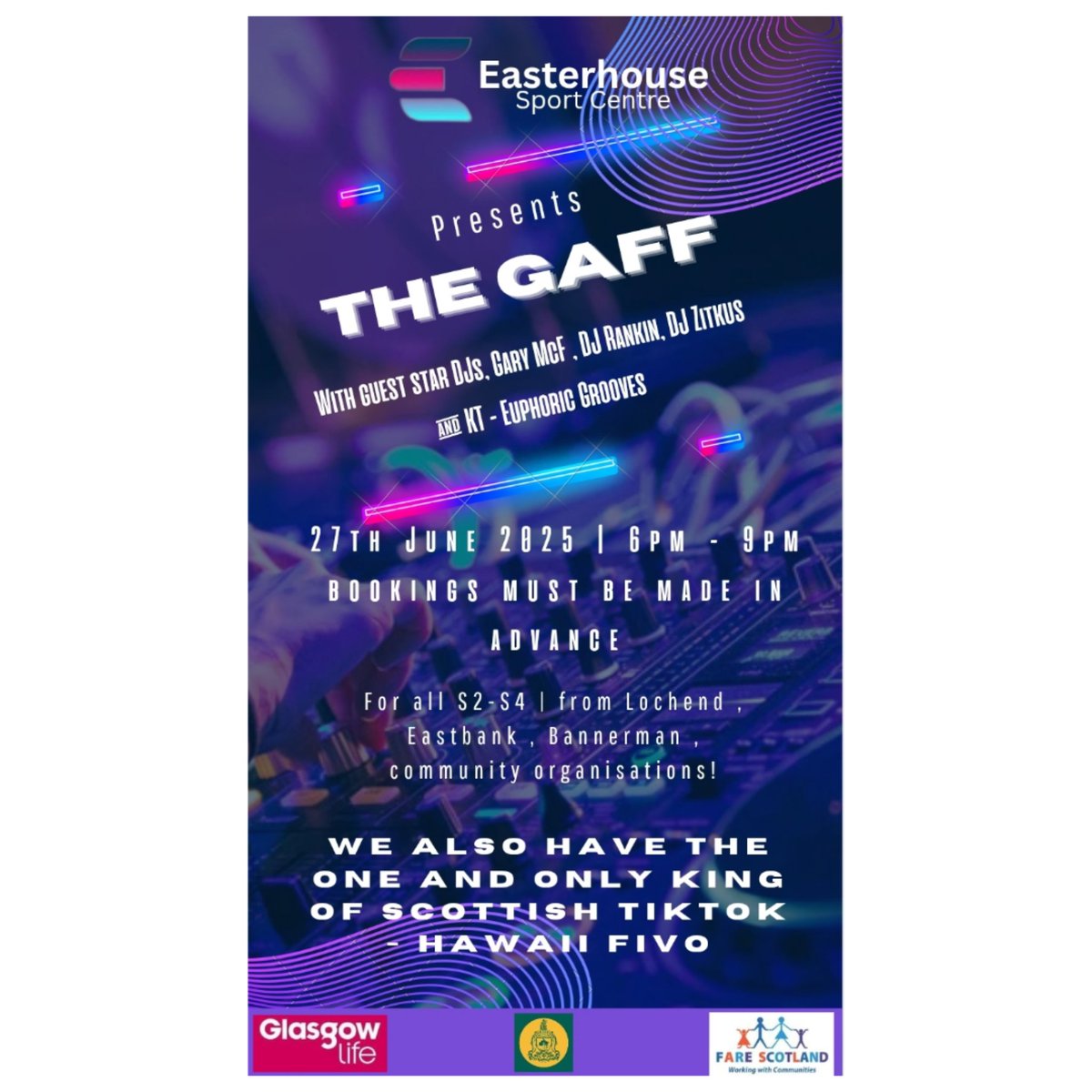 Easterhouse Sport Centre (@easterhouse_sc) on Twitter photo Share with your friends, spread the word π’
This isn't just any rave β THIS IS A RAVE IN THE GAFF! ππΌππΌππΌ
Booking is essential! .. consent forms will be available from participating schools βΊοΈ
<a href="/glasgowlife/">Glasgow Life</a> <a href="/MyGlasgowCC/">Glasgow City Council Help</a>
#TheGaff2025 #EasterhouseEvents #teentakeover Share with your friends, spread the word π’
This isn't just any rave β THIS IS A RAVE IN THE GAFF! ππΌππΌππΌ
Booking is essential! .. consent forms will be available from participating schools βΊοΈ
<a href="/glasgowlife/">Glasgow Life</a> <a href="/MyGlasgowCC/">Glasgow City Council Help</a>
#TheGaff2025 #EasterhouseEvents #teentakeover