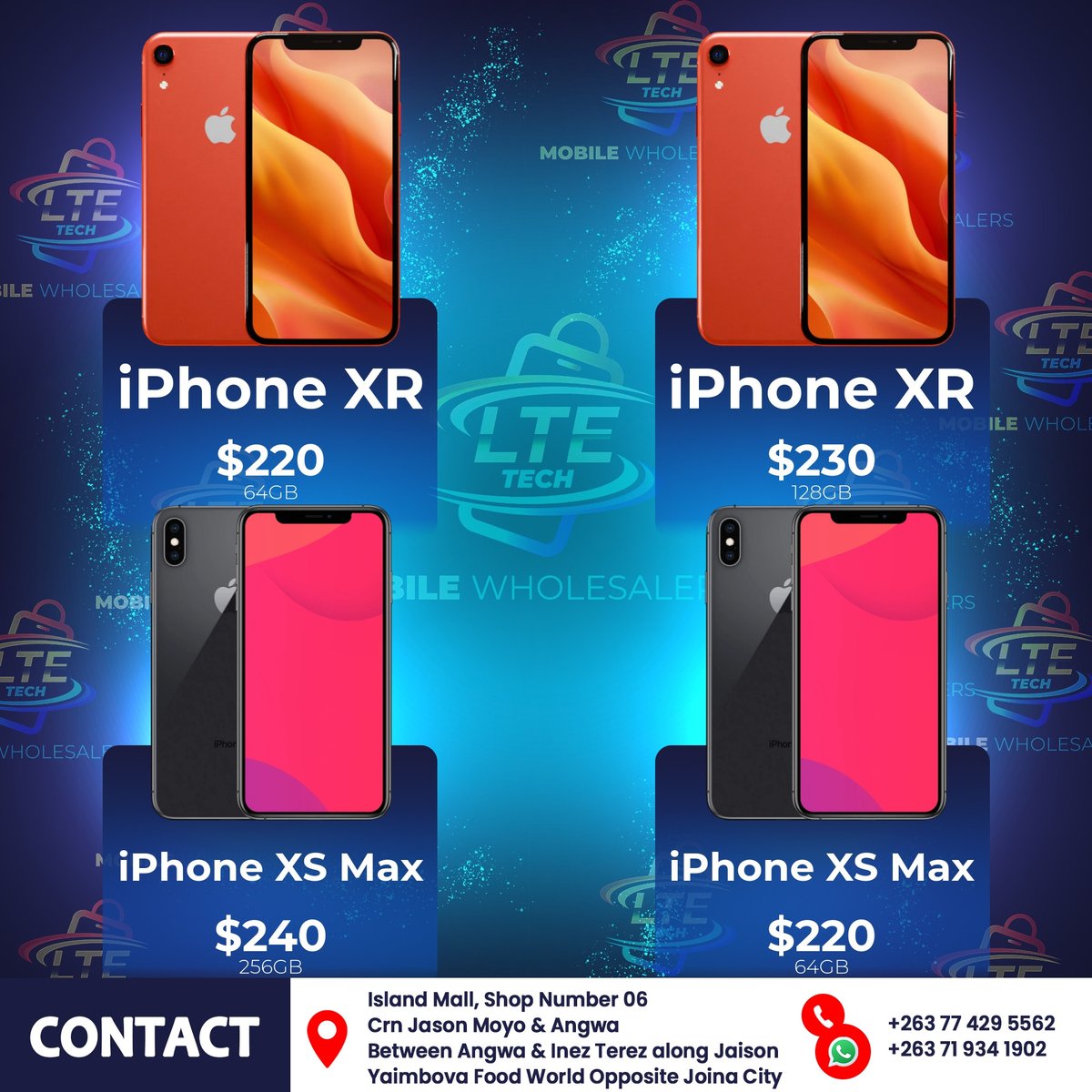 LTEtech_Boss's tweet photo. Indulge in exceptional mobile technology with iPhone XS Max and XR! With storage options from 64GB to 256GB, elevate your tech game today. #LatestSmartphones https://t.co/gA88cwSCvu