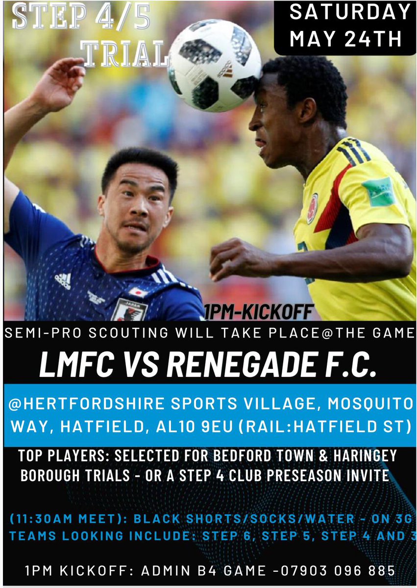 lovemyfc's tweet photo. 3 scouting &amp; recruitment opportunities this May exclusively for semi-pro &amp; Pro scouting, Sat May 24th 1pm, at Hertfordshire Sports Village, Bank Holiday Monday 26th 12 Noon at Bedford Town FC and Friday 30th May 7:45pm at Haringey Borough stadium, top players and scouts attending https://t.co/Lz9gIuiup1